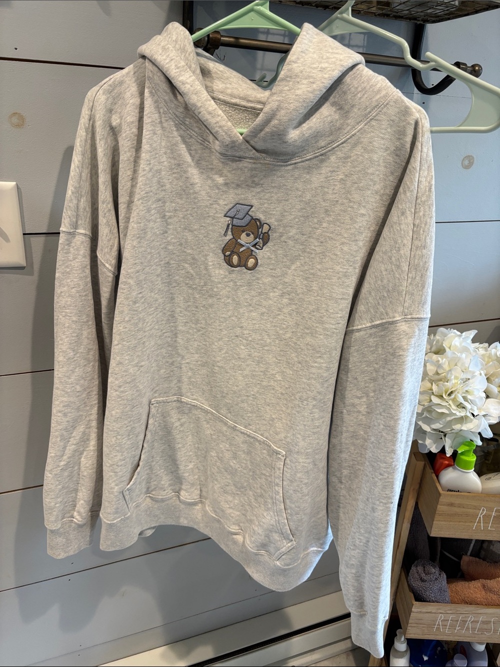 Graduation Light Gray Hooded Sweater with Teddy Embroidery